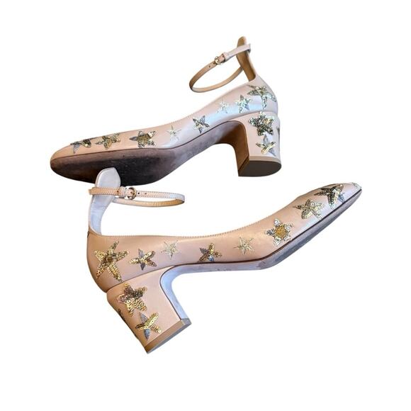 Valentino Garavani Tango Pumps Tan Beige Star Sequin Block Heel EU 39.5 US 9.5 - Picture 10 of 14